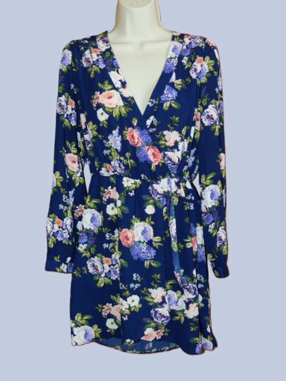 Akira Chicago Black Label Navy Floral Faux Wrap Mini Dress V-Neck Medium